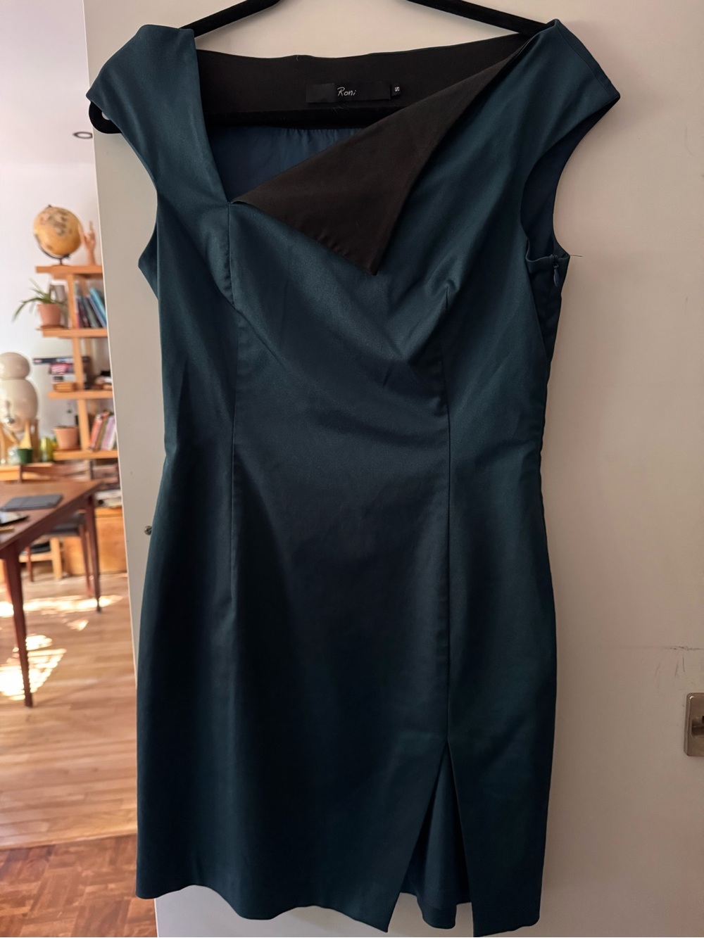 Deep Teal Sheath Dress Asymmetrical Black Neckline - Roni NYC - Size S